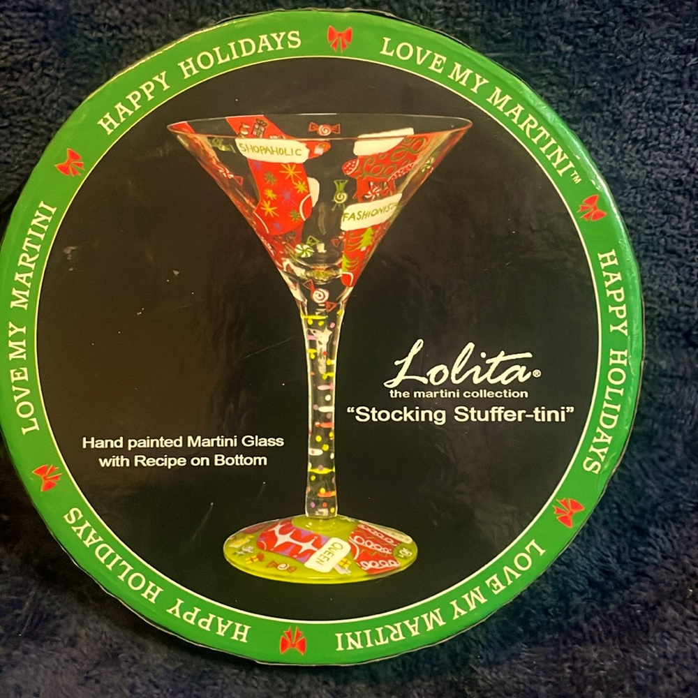 Lolita- Hand Painted Martini glass “Stocking Stuffer-Tini” Retired Holiday Gift
